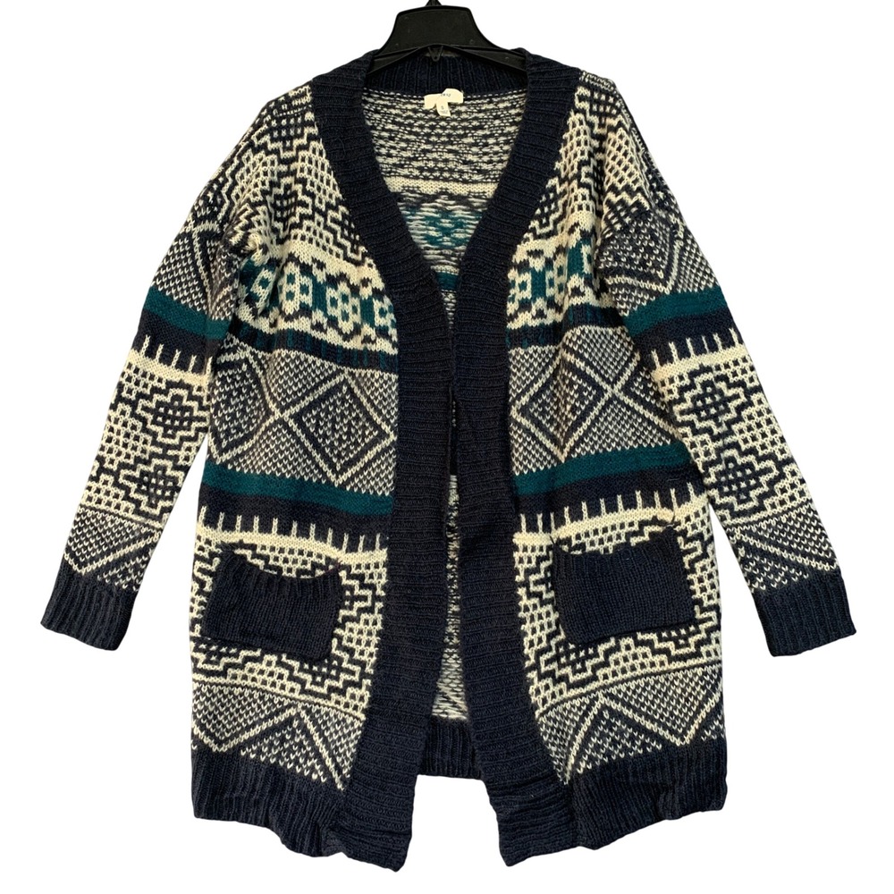 Freeway Women's S Blue Geometric Open Front Cardigan Sweater Rabbit Hair Blend